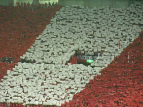 赤、白のシートを高く掲げた浦和レッズサポーターたち